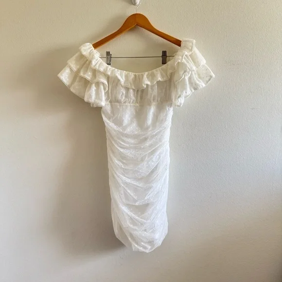 Camila Coelho Eva Off-Shoulder White Mini Dress Lace Mesh Ruffle size Small - Picture 4 of 11